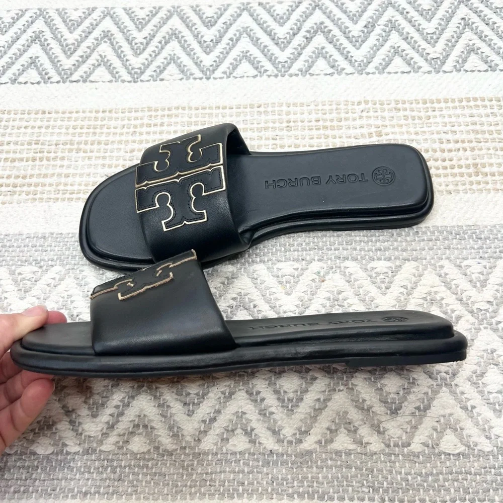 Tory Burch Black Sandals with Gold Accents - Picture 6 of 7